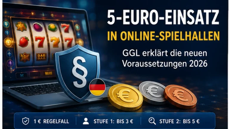 Redaktionelle Grafik zum 5-Euro-Einsatz und den neuen GGL-Voraussetzungen für virtuelle Automatenspiele 2026