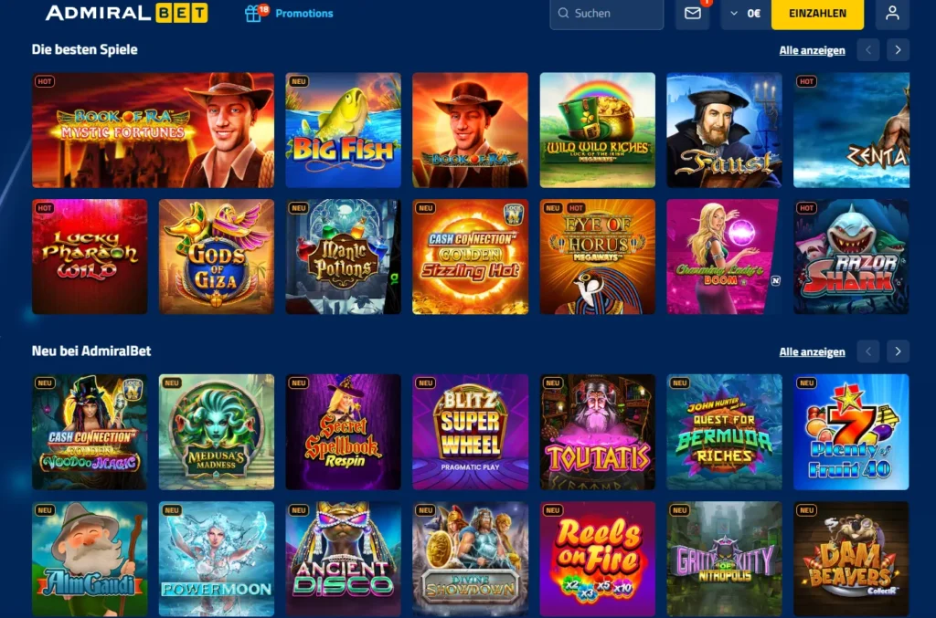 AdmiralBet Spieleauswahl mit beliebten und neuen Online Slots