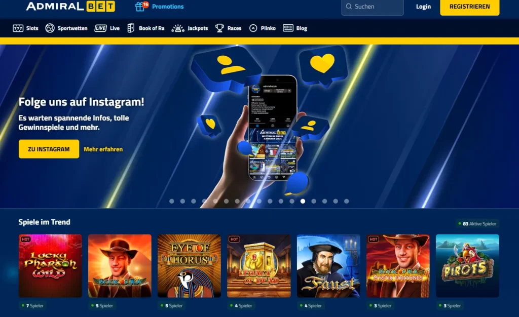 AdmiralBet Startseite mit Spiele im Trend und bekannten Slots wie Book of Ra und Eye of Horus