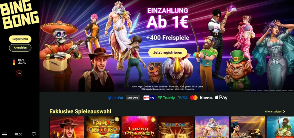 BingBong Casino Startseite mit Spieleauswahl und Einzahlung ab 1 Euro
