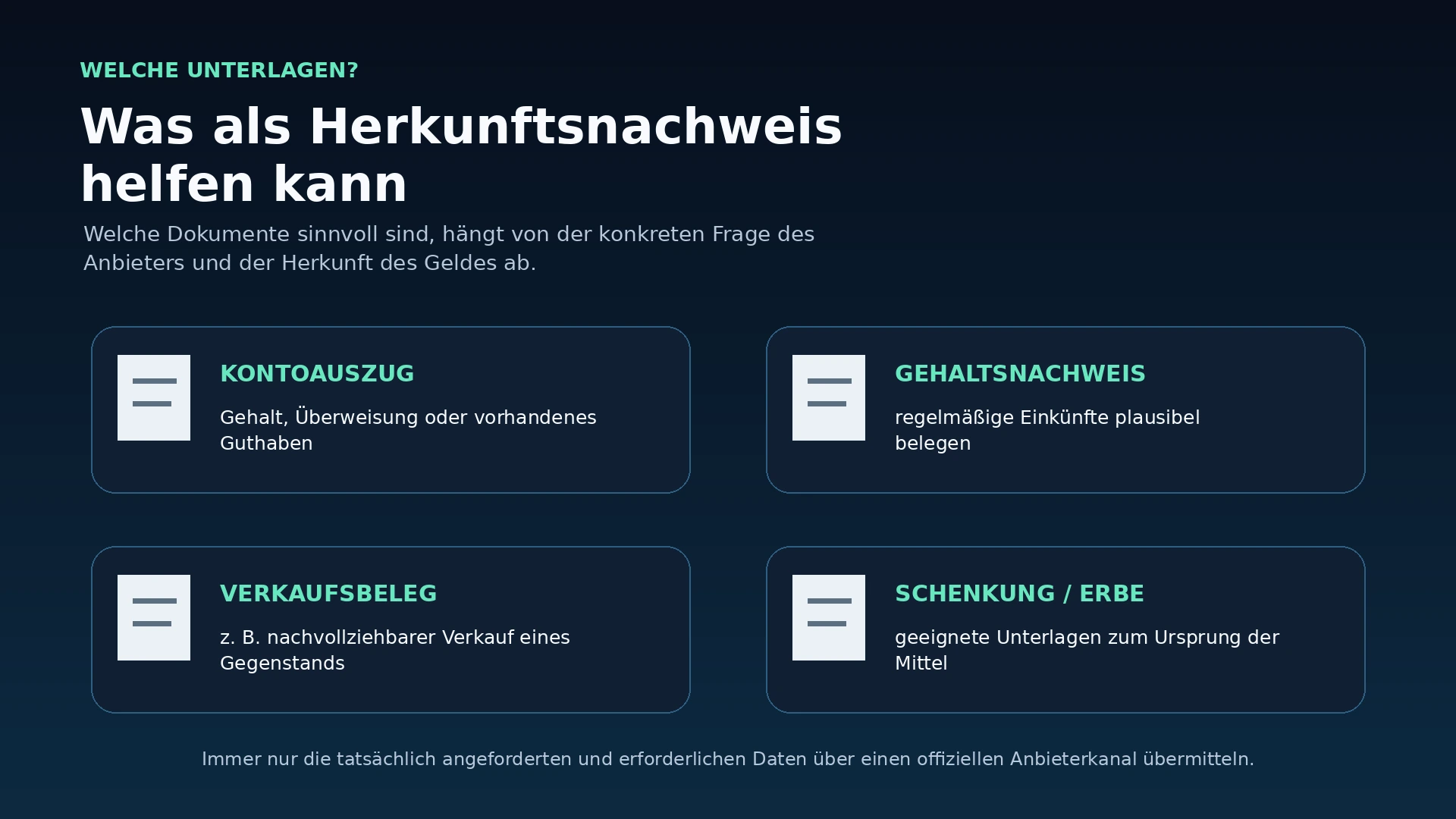Beispiele für Unterlagen, die zur Erklärung der Herkunft von Geldern dienen können