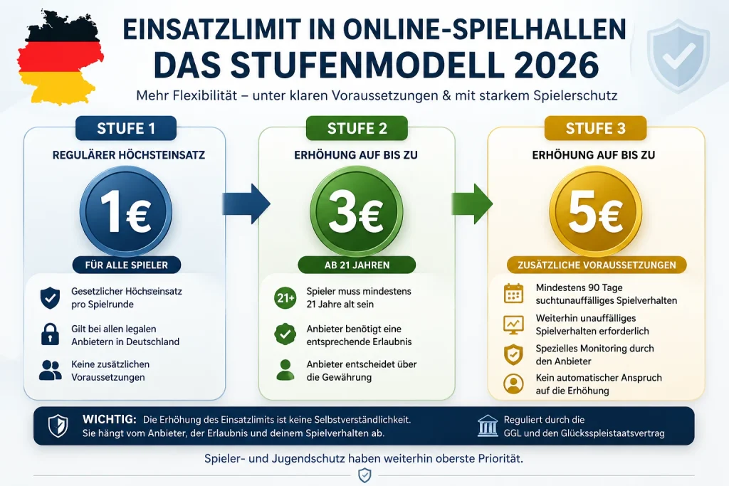 Einsatzlimit Online-Spielhallen 2026 – Stufenmodell von 1 Euro über 3 Euro bis 5 Euro