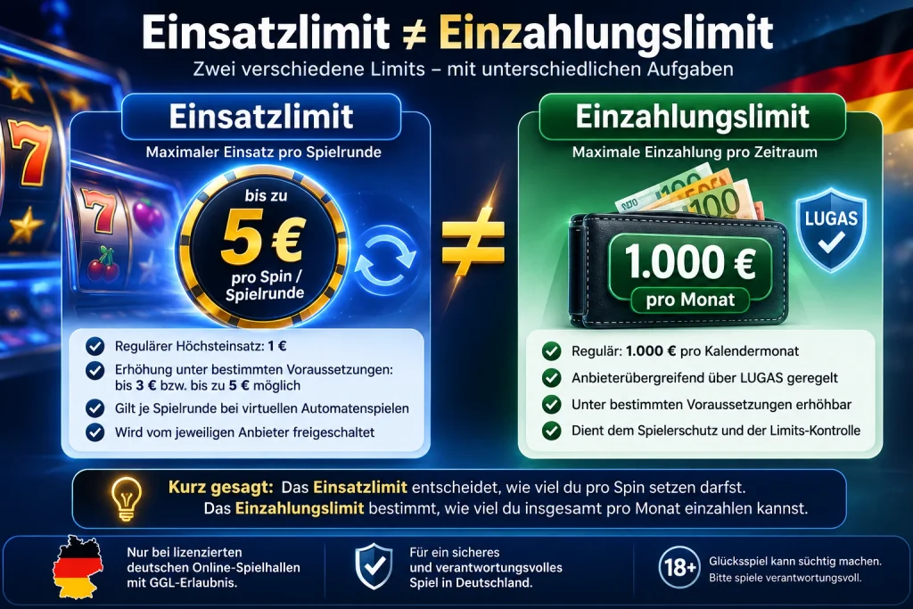 Einsatzlimit und Einzahlungslimit im Vergleich – 5 Euro pro Spin und 1.000 Euro pro Monat
