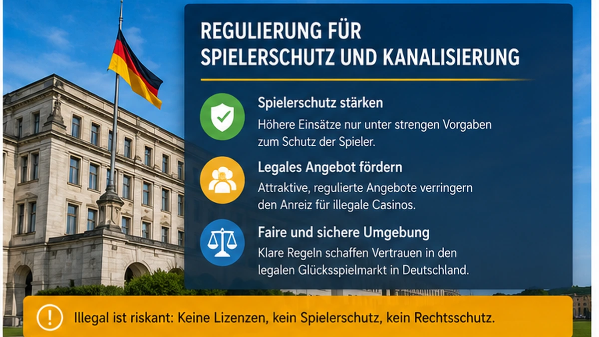 Redaktionelle Grafik zur Verbindung von GGL-Einsatzlimit, Spielerschutz und Kanalisierung im legalen Glücksspielmarkt
