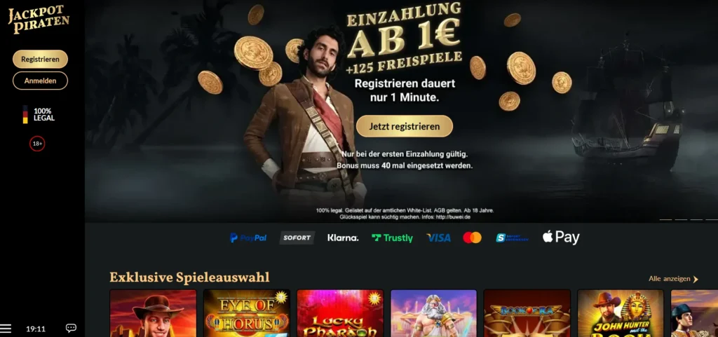 JackpotPiraten Startseite mit Einzahlung ab 1 Euro und Spieleauswahl