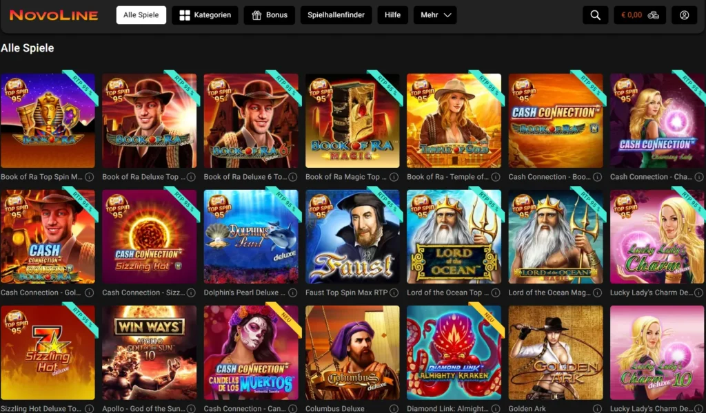 Novoline Spieleübersicht mit Book of Ra, Lord of the Ocean und weiteren Slots