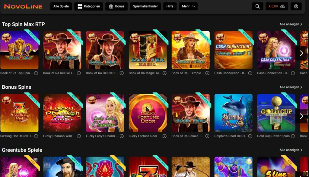 Novoline Spieleauswahl mit Top Spin Max RTP, Bonus Spins und Greentube Spielen
