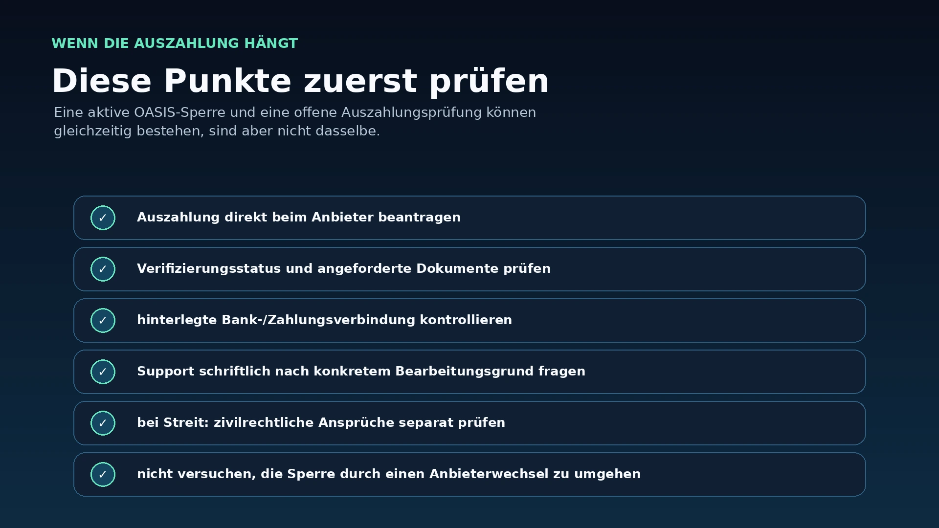 Checkliste bei Problemen mit der Auszahlung nach einer OASIS-Spielersperre