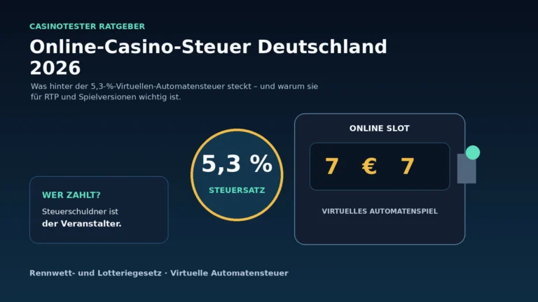 Illustration zur Online-Casino-Steuer in Deutschland mit Spielautomaten, Euro-Symbol und Steuerhinweis