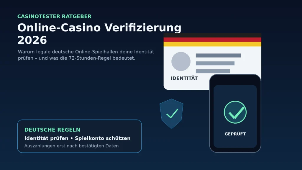 Identitätsprüfung bei einer legalen deutschen Online-Spielhalle mit Ausweis, Smartphone und Prüfsymbol
