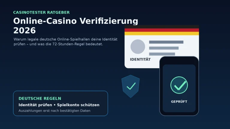 Identitätsprüfung bei einer legalen deutschen Online-Spielhalle mit Ausweis, Smartphone und Prüfsymbol