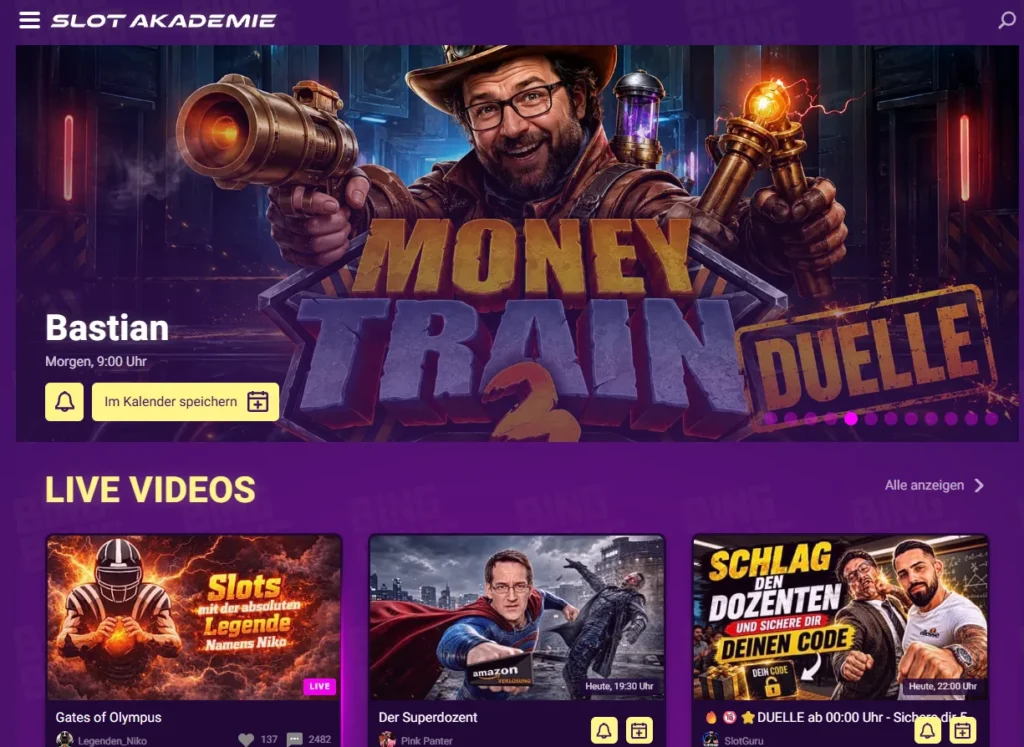 Slot Akademie mit Live-Videos, Schulungen und aktuellen Sendungen