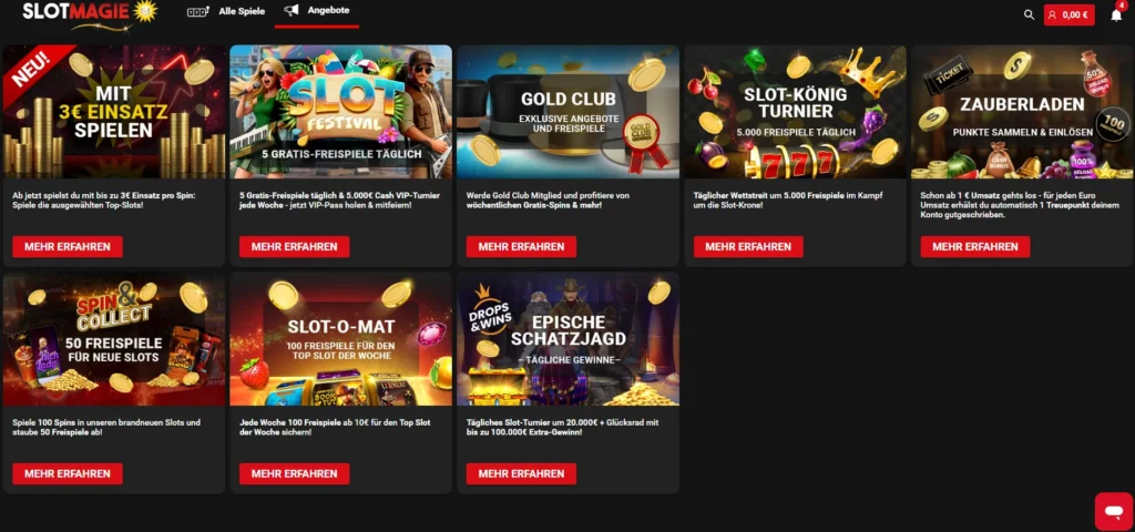 Angebote und Aktionen bei SlotMagie mit Freispielen, Turnieren und Gold Club