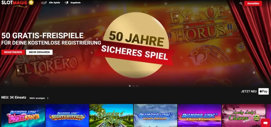SlotMagie Startseite mit 50 Gratis-Freispielen und aktueller Spieleauswahl