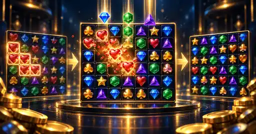 Illustration eines Cluster-Pays-Slots mit zusammenhängenden Symbolgruppen auf einem Raster