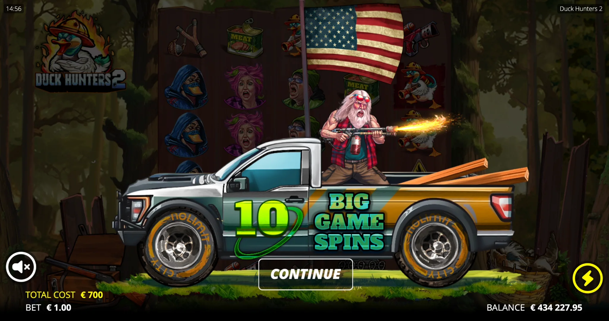 Duck Hunters 2 Bonusauswahl mit 10 Big Game Spins und Upgrade-Rad