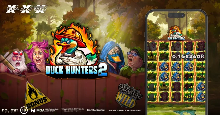 Duck Hunters 2 von Nolimit City mit Spiellogo, Charakteren und mobiler Spielansicht