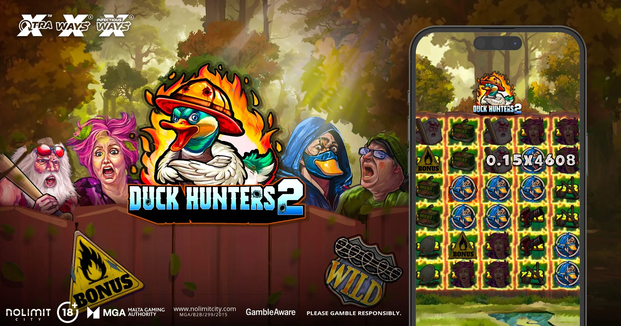 Duck Hunters 2 von Nolimit City mit Spiellogo, Charakteren und mobiler Spielansicht
