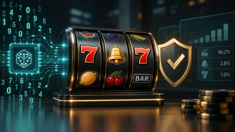 Zufallsgenerator eines Online-Slots mit digitalen Zufallswerten und Spielsymbolen
