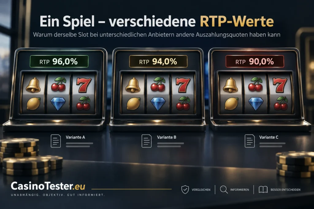 Vergleich derselben Spielautomaten mit unterschiedlichen RTP-Werten von 96, 94 und 90 Prozent