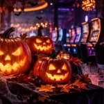Redaktionelles Halloween-Motiv mit drei leuchtenden Kürbissen vor virtuellen Spielautomaten – Halloween-Aktionen 2026