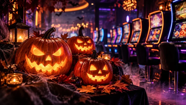 Redaktionelles Halloween-Motiv mit drei leuchtenden Kürbissen vor virtuellen Spielautomaten – Halloween-Aktionen 2026